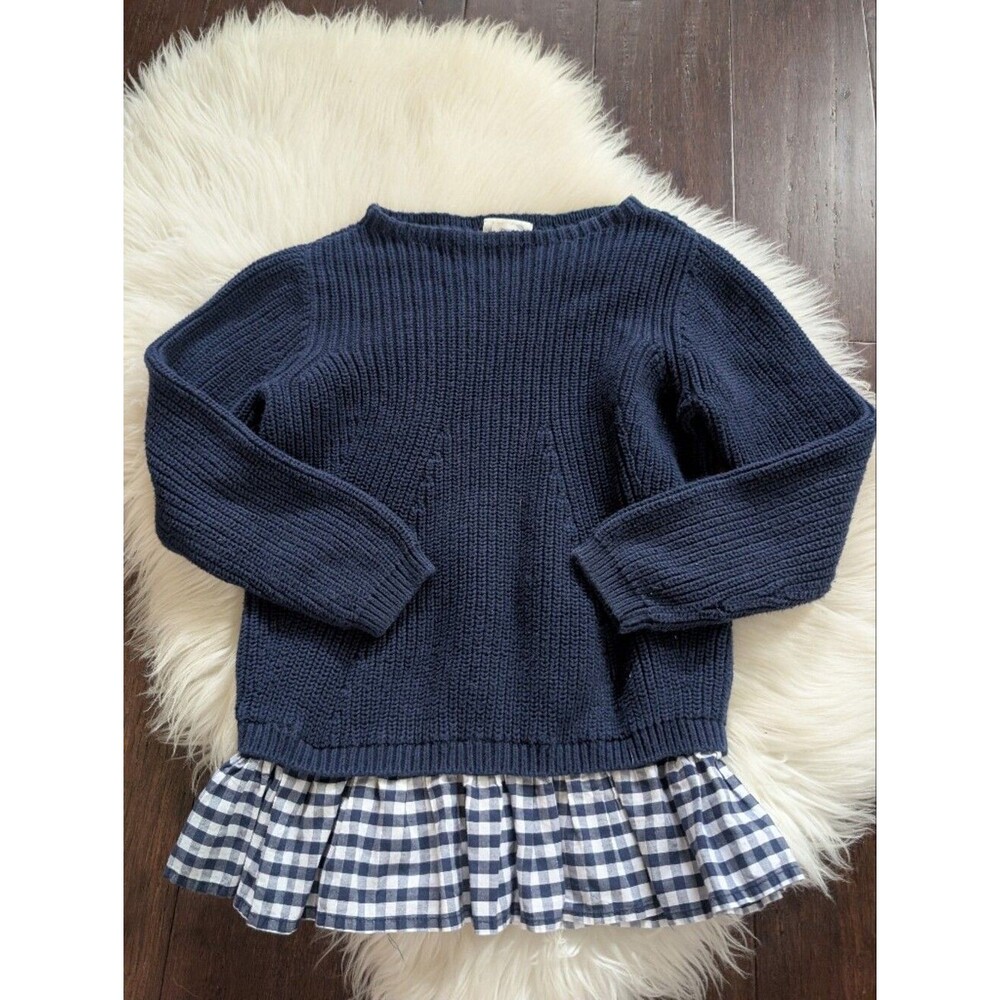 Crewcuts JCrew Navy Cotton Knit Sweater Gingham Peplum Size 12